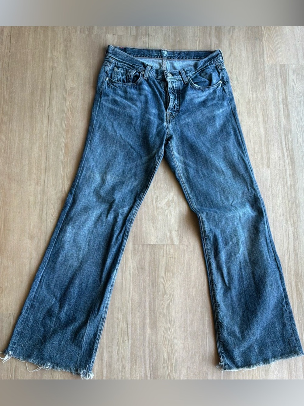 7 FOR ALL MANKIND High Waist Vintage Bootcut Flare Jeans Button Fly raw hem 31